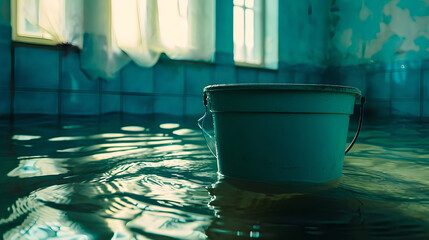 Bucket in flooded basement