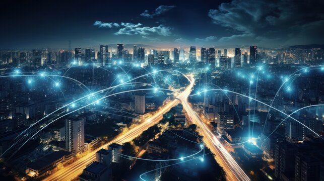 Modern city with wireless network connection and connectivity technology against city background at night. - Powered by Adobe