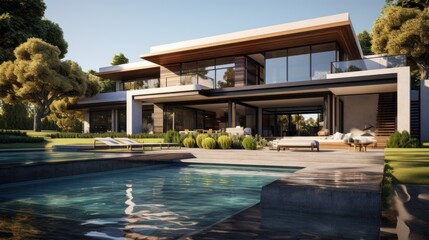 Fototapeta premium Modern luxury home with a stunning front yard swimming pool.