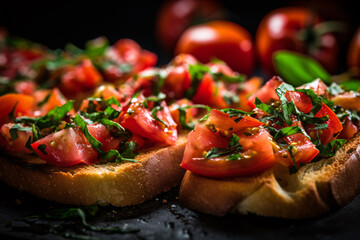 Close up of Bruchetta, a grilled bread rubbed with garlic with tomato topping on dark background - obrazy, fototapety, plakaty