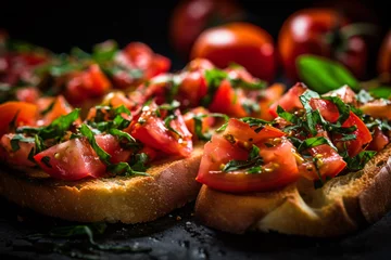 Foto op Plexiglas Close up of Bruchetta, a grilled bread rubbed with garlic with tomato topping on dark background © Firn