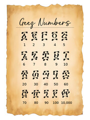 Ethiopian Geez Numbers ordered in a grid. black background poster. vector file. *Geez is an ancient Semitic language of Ethiopia mainly used in the Ethiopian Orthodox church.