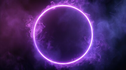 Neon circle frame with soft round glowing smoke. Purple ring with sparks and flare
