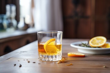 sazerac in oldfashioned glass, lemon peel