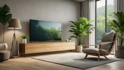 modern living room with sofa, Mockup TV in modern living room with armchair and plant on  wall