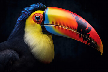 Close up of the face of a Tucan bird in the forest.