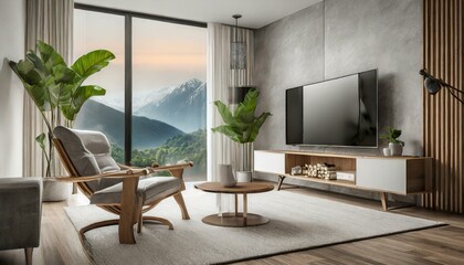 modern living room with furniture, Mockup TV in modern living room with armchair and plant on  wall