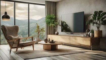 modern living room, Mockup TV in modern living room with armchair and plant on  wall