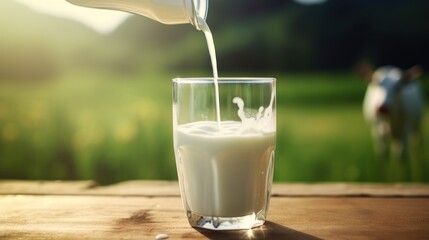 Pour fresh milk into a glass with pasture and cow background