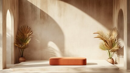 Product placement background with shadow on plaster wall Elegant summer Orange beige product...