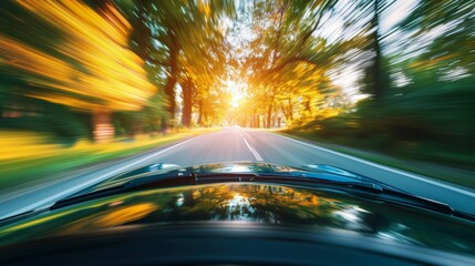 The blurred outline of a car against a background of blurred trees and foliage symbolizing a race...