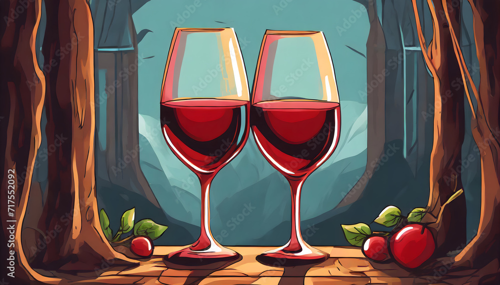 Poster continuous one line drawing of two glasses of red wine. minimalist linear concept of celebra. genera