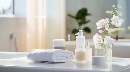 Fototapeta na wymiar Skincare set on bathroom counter Concept of beauty and cosmetics Clean and organic products
