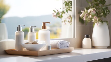 Fototapeta na wymiar Skincare set on bathroom counter Concept of beauty and cosmetics Clean and organic products