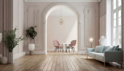 Fototapeta na wymiar Cozy home interior in light pastel colors with hardwood flooring and arch wall, 3d rendering. Generative AI.