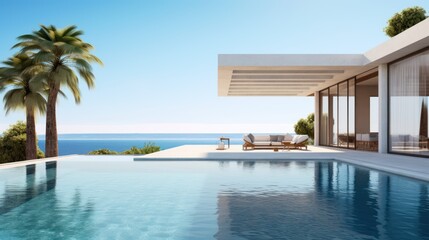 Summer exterior minimalist luxury villa with swimming pool overlooking the sea - obrazy, fototapety, plakaty
