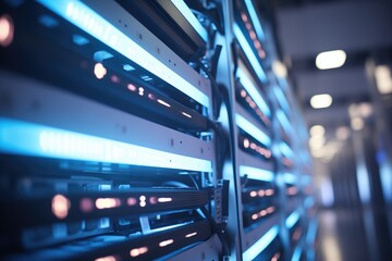 rows of hightech servers with blue led lights - obrazy, fototapety, plakaty