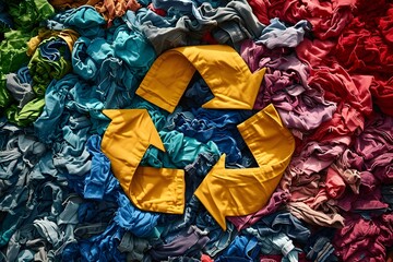 Recycle icon on a pile of fast fashion waste, fashion sustainability concept - obrazy, fototapety, plakaty