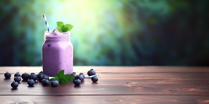 One glass of blueberry juice mixed with Yogurt with blueberries and green mint leaves in the photo on a wooden table. Generative AI