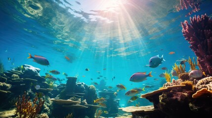 Fototapeta na wymiar Underwater view from under colorful fish. Various species in the ocean