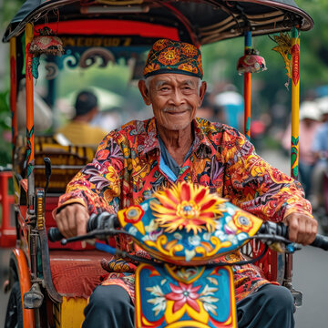 close up of old man riding a motorbike rickshaw, Ai Generated Images