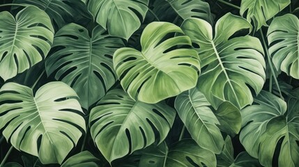 Watercolor wallpaper, green tropical forest of monstera leaves. Exotic plant background for signs, prints, decorations, wall art.