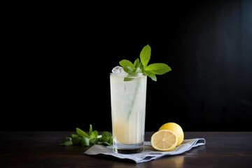 a glass of lemonade with a lemon twist and mint leaves
