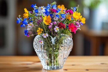 A heart-shaped crystal vase holding a bouquet of vibrant wildflowers, brightening the room with natural beauty.