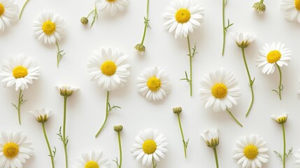 Chamomile daisy buds and stems brightly patterned on a white background, Ai Generated
