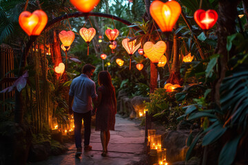 Fototapeta na wymiar Two individuals holding hands and strolling through a lush garden adorned with heart-shaped lanterns