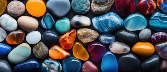 Flat lay of colorful rocks, meticulously arranged by color for a geological display, Ai Generated