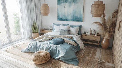 A serene bedroom design with a teal door, white furniture, and natural decor elements, Generative AI
