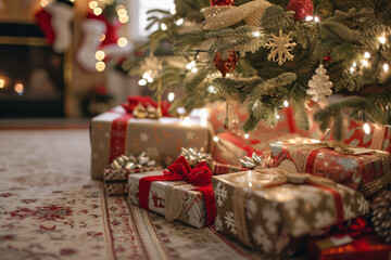 A festive scene with elegantly wrapped gifts placed under a beautifully adorned Christmas tree, evoking holiday cheer and generosity. Blurred backgrou