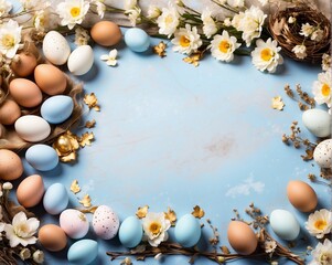 Naklejka na ściany i meble Spring Floral Border with Easter Eggs, Pastel Colors, Seasonal Concept - Perfect for Spring Festivals, Invitations, and Advertising with Copy Space