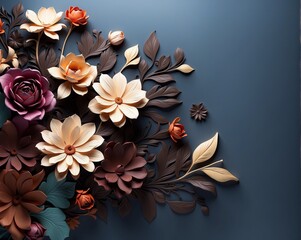 Dark Floral Paper Art with 3D Effect, Elegant Botanical Concept, Ideal for Greeting Cards, Invitations, Wall Decor