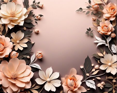 Floral arrangement on peach-pink backgrounds. Vintage style. Holiday, birthday concept. Template, frame for postcard, banner, background, flyer, poster. With copy space for text