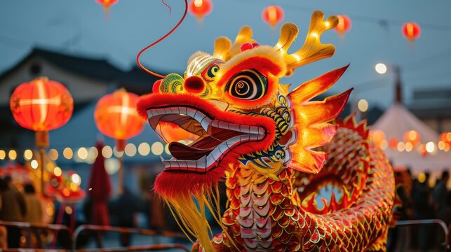 Chinese dragon vividly displayed at a Chinese New Year celebration, Ai Generated