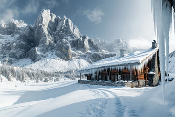 A cozy wooden house is surrounded by pristine snow in mountains.