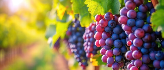 Vibrant grapes on the vine, set against a picturesque vineyard backdrop, Ai Generated.