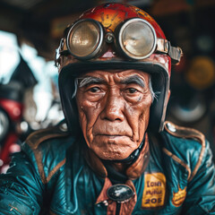 an old male motorcycle taxi driver wearing a helmet on a motorbike, Ai Generated images