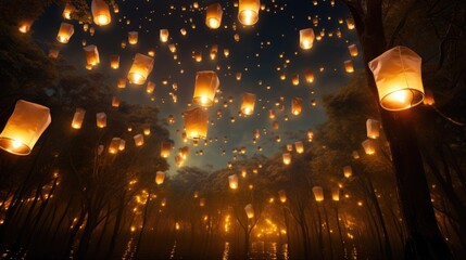 Golden Sky Lanterns Soaring in the Night Sky Ai Generated