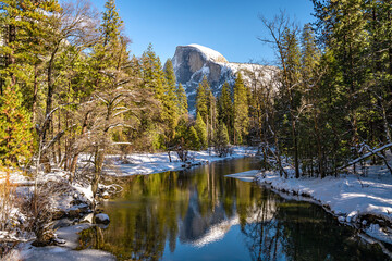 View of the Half Dome and the Merced River from the Sentinel Bridge in Yosemite National Park