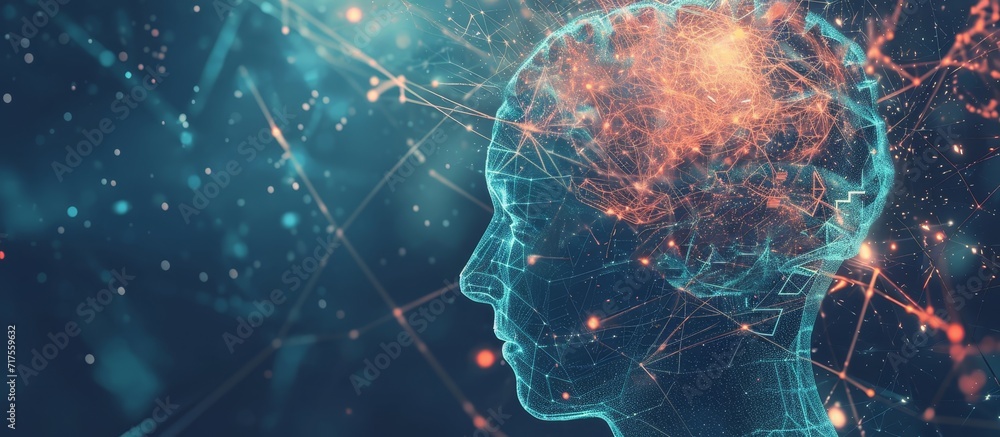 Poster abstract digital brain interface used by a hacker in double exposure, conveying the concept of ai an
