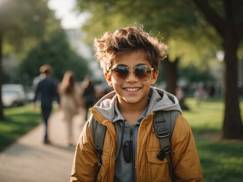 Close-up high-resolution image of a cool kid wearing sunglasses and trendy outfit in a city park. Generative AI.