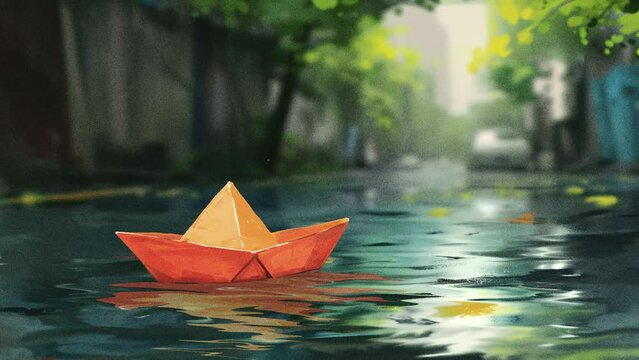Animation of an orange paper boat floating on a puddle on the road, loop animation background