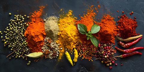 Spicy background with mix of spices and peppers, masala close up on dark background ,Pepper, Salt, Caraway Seeds, Ginger, and Ground Turmeric in Abundance  - obrazy, fototapety, plakaty