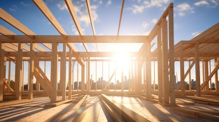 photograph of Timber frame structure at construction site against bright sunny sky.