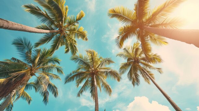 photograph of Tropical coastal palm trees, vintage chic, coconut trees, summer retro.