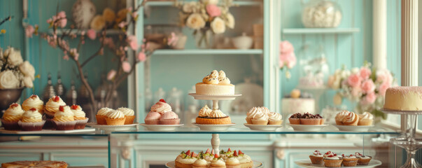 A patisserie display featuring a variety of tarts, cakes, and pastries nestled in a quaint glass cabinet with vintage-inspired decor and lighting. © mihrzn