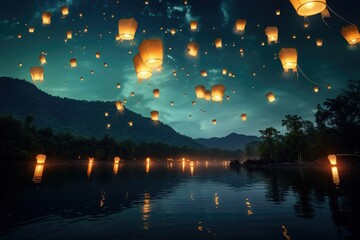 Lanterns fly in sky at river, Flying lanterns in the night sky during the Diwali festival Ai generated